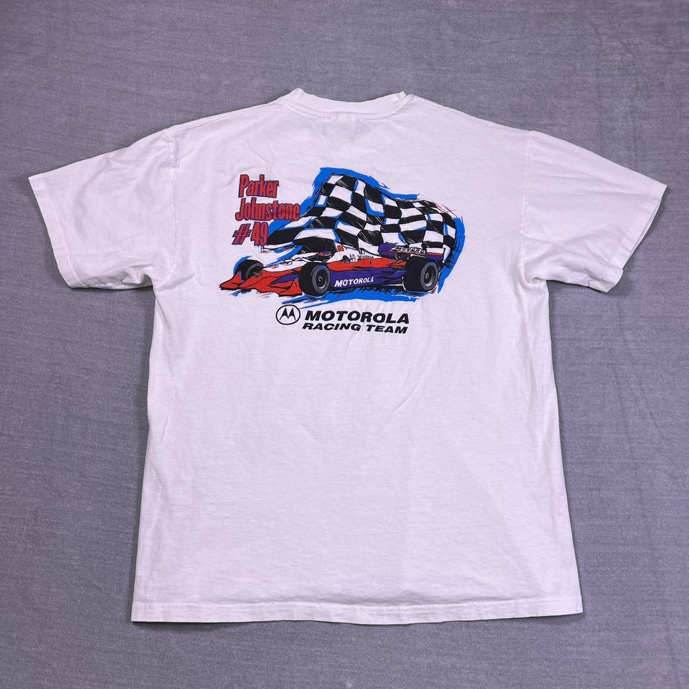 Vintage Hanes Mens White Back Graphic Motorola Racing Team T-Shirt L (42-44)